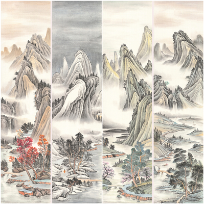 Chinese mountain,water and farmyard,4 screens ink paintings